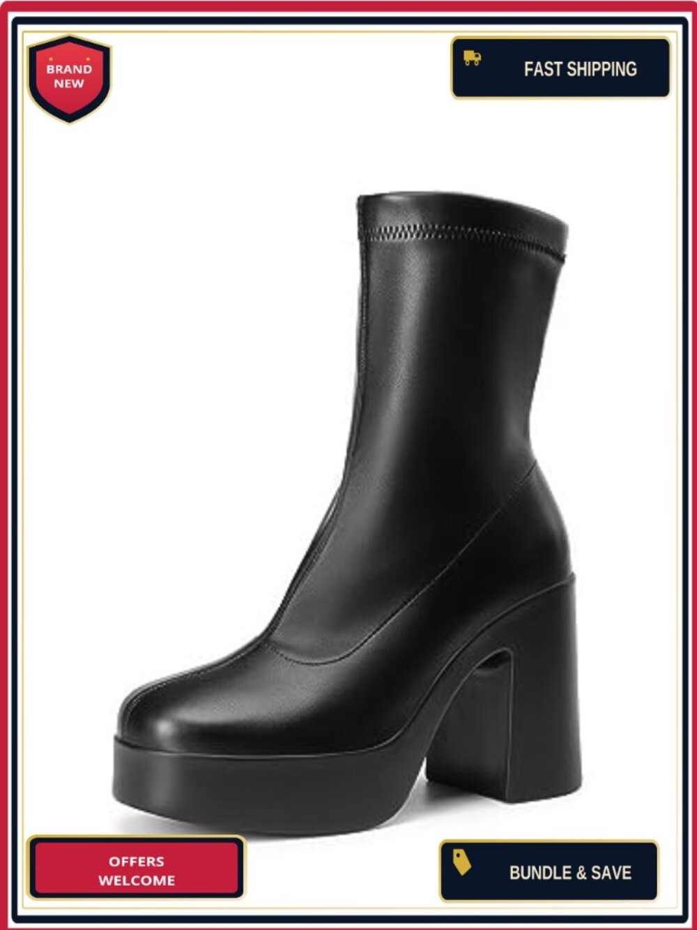 Women's Ankle Booties High Chunky Block Heel Square Toe Platform PU Boots Y2K